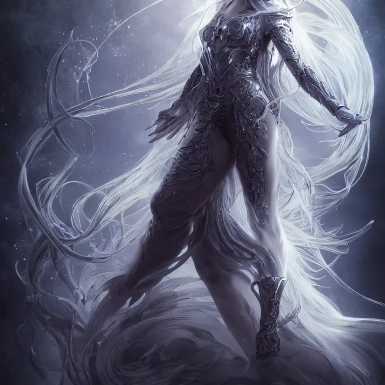 Prompt: beautiful cinematic fantasy poster, sci-fi, semi-transparent, beautiful female ghost with brilliant silver flowing hair and a brilliant jeweled silver helm, beautiful white glowing eyes, wideshot ultrawide angle epic scale, hybrid from The Elden Ring and art direction by Darius Zawadzki ;by artgerm; wayne reynolds art station; cinematic quality character render; low angle; ultra high quality model; production quality cinema model;