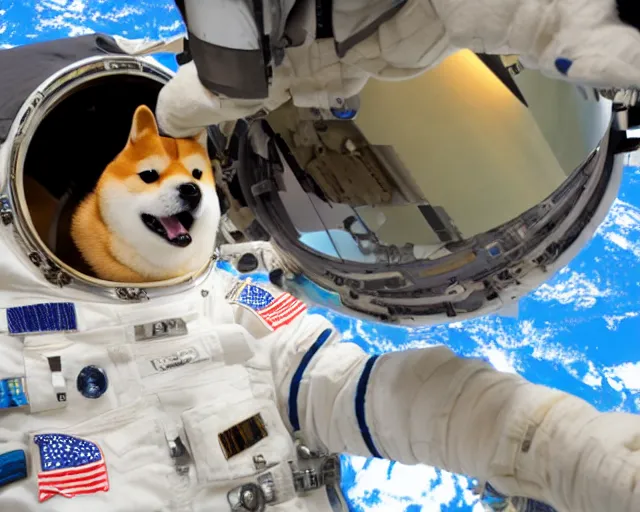 Prompt: shiba inu astronaut repairing the international space station