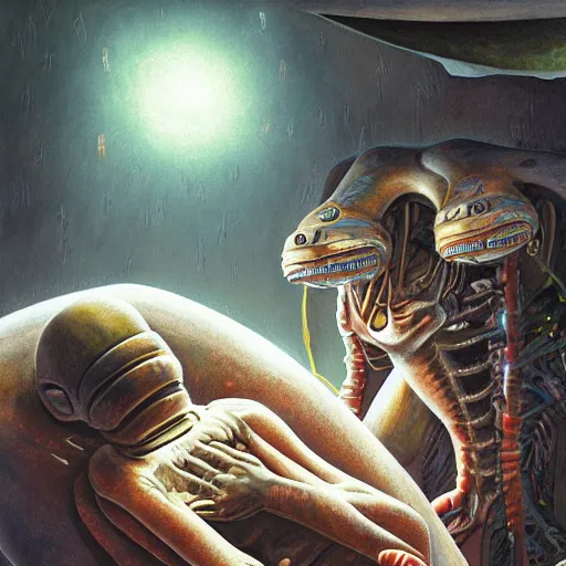 Image similar to primitive aliens caring for injured human at bedside, cinematic, worm's eye view, dramatic lighting, illustration, ron cobb, mike mignogna, science fiction, detailed painting, high detail, rough paper