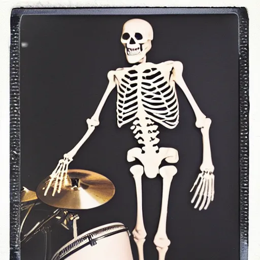 Image similar to skeleton drummer, flash polaroid photo,