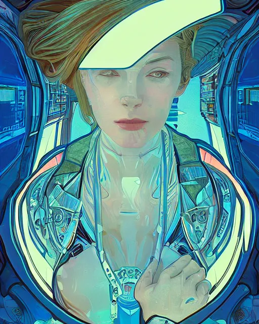 Prompt: cyberpunk illustration of woman inside a sleeping capsule, realistic, sharp shapes, blue glow, alphonso mucha and greg kutkowski, mysterious lighting, masterpiece