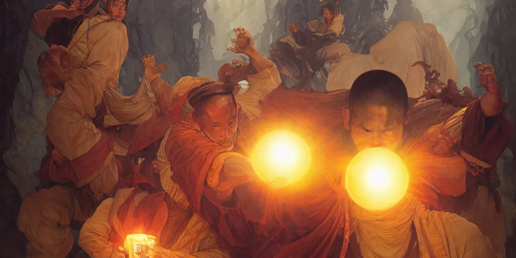 Image similar to shaolin monks holding an orbs of light. fantasy, digital painting, golden hour, 8 k, highly detailed. realistic award, disney concept art, watercolor splash, illustration by mandy jurgens, alphonse mucha hidari and wlop and greg rutkowski