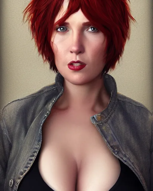 Image similar to portrait of short and plump 5 0 - year - old woman with red hair and, kind face, short hair, hyper realistic face, beautiful eyes, character art, art by mark brooks, hyperdetailed, cryengine, trending on artstation, digital art