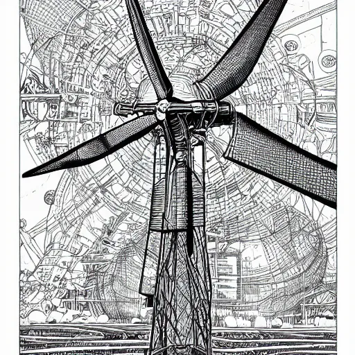 Image similar to hyper detailed comic illustration of a wind turbine blueprint, black ball pen on white paper, by Josan Gonzalez and Geof Darrow, intricate details