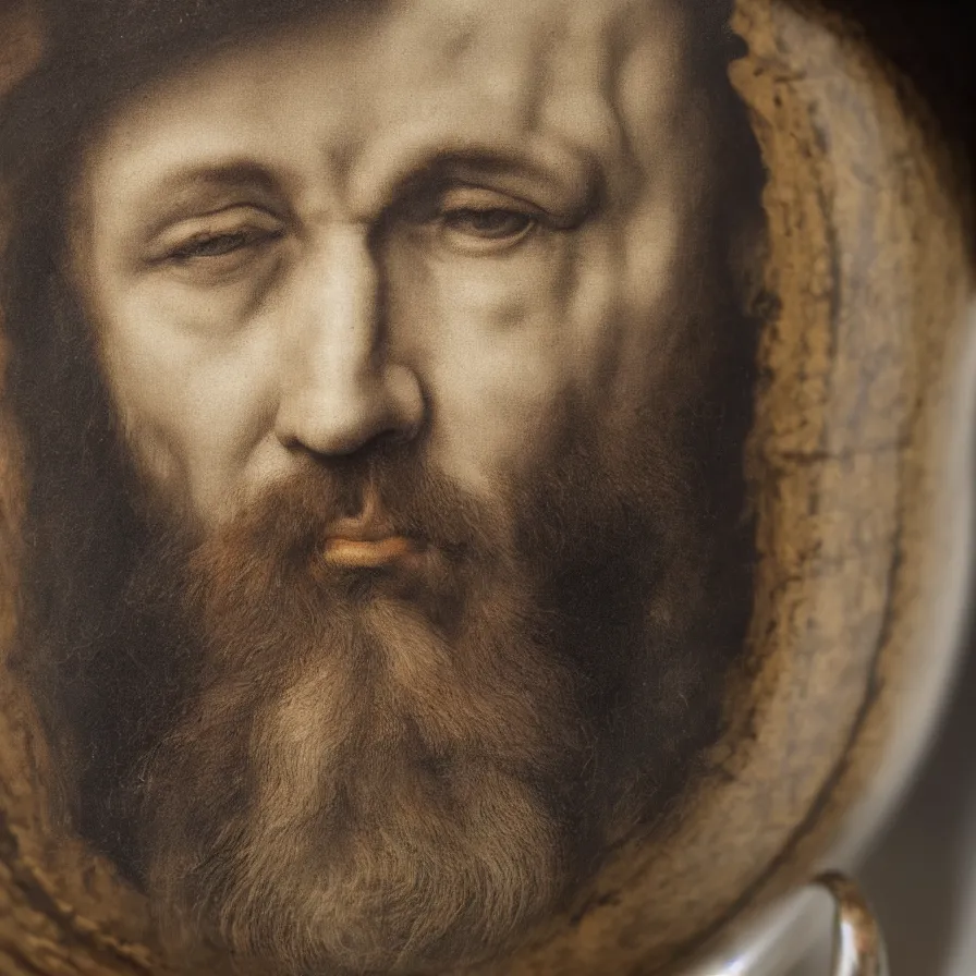 Image similar to beautiful close - up studio photograph of a hand - thrown stoneware mug painted with albrecht durer self portrait on a wooden table, hyperrealism 8 k trending on artstation