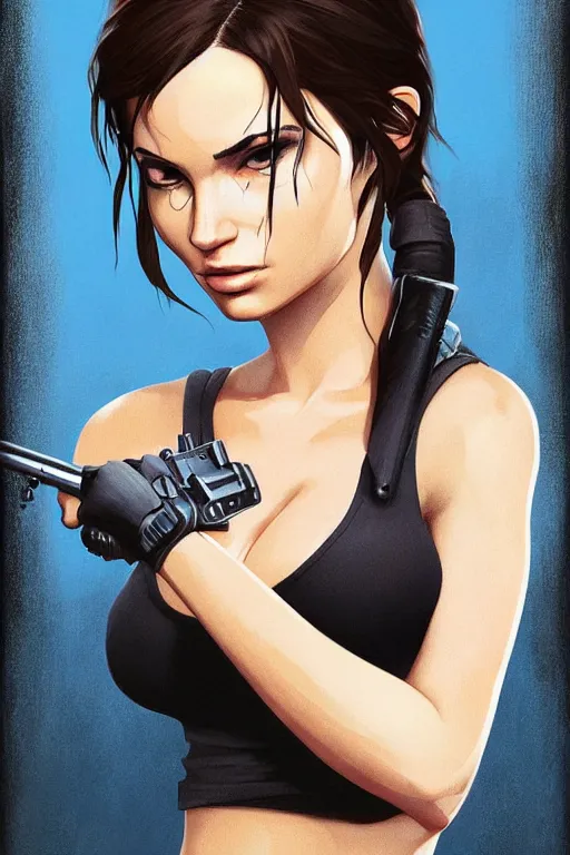 Image similar to lara croft portrait artwork by ilya kuvshinov wears multiple hats, too many hats, hat on a hat on a hat