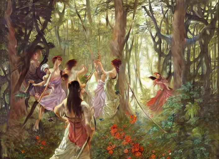 Image similar to will - o'- wisp forest, lush trees, a group of fairies dancing around a maypole, magical, vivid colors, rule of thirds, a fantasy digital painting by alphonse mucha, by greg rutkowski, by john william waterhouse, by james gurney, trending on artstation, highly detailed, sharp lines