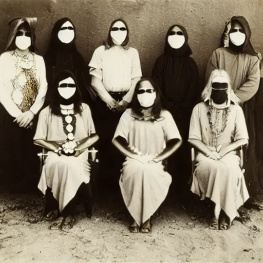 Image similar to vintage photo group portrait of a esoteric cult members in desert, early black and white 8mm, wear red tunics and gold mask and jewels