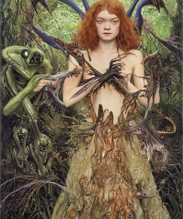 Prompt: a portrait photograph of a fierce sadie sink as an alien harpy queen with slimy amphibian skin. she is trying on black latex bulbous slimy organic membrane parasite gloves and transforming into an insectoid amphibian. by donato giancola, walton ford, ernst haeckel, brian froud, hr giger. 8 k, cgsociety