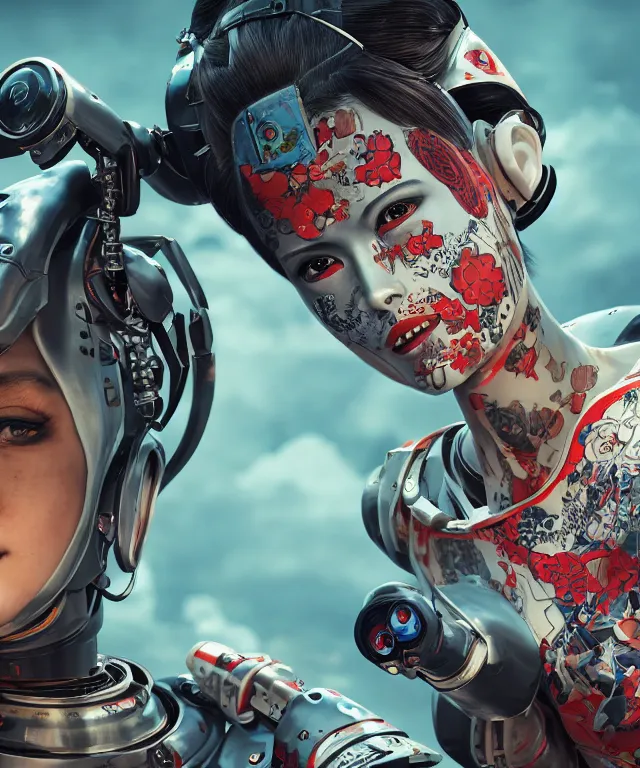 Image similar to an epic fantastic realism comic book style portrait painting of a japanese robotic geisha with kanji tattoos and decals, apex legends, octane render, intricate detail, 4 k hd, unreal engine 5, ex machina, irobot