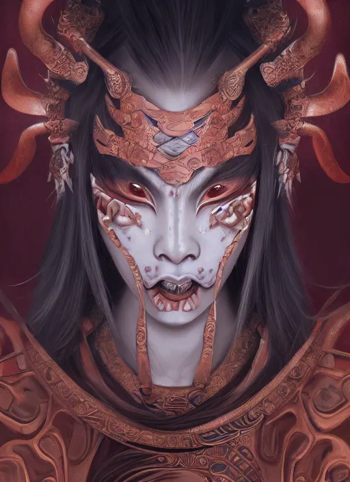 Image similar to a beautiful detailed oil on copper art illustration of a oni hannya mask shogun devil woman, centered, by charlie bowater, zeng fanzh, trending on artstation, dim dusk lighting, cinematic lighting, detailed lighting, volumetric lighting, realistic, f 8, 4 k hd wallpaper