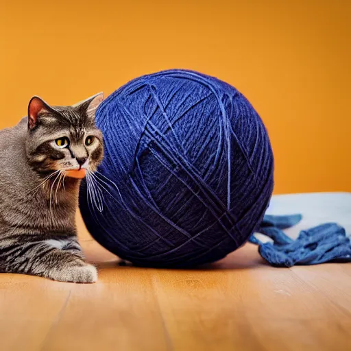 Prompt: photo of giant yarn ball next to a cat, taken with canon eos - 1 d x mark iii, bokeh, sunlight, studio 4 k