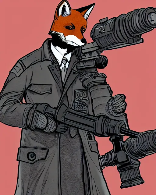 Image similar to a fox wearing a black trench - coat holding a mini - gun, comic art style, digital art,