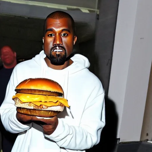 Image similar to kanye west holding a giant cheeseburger