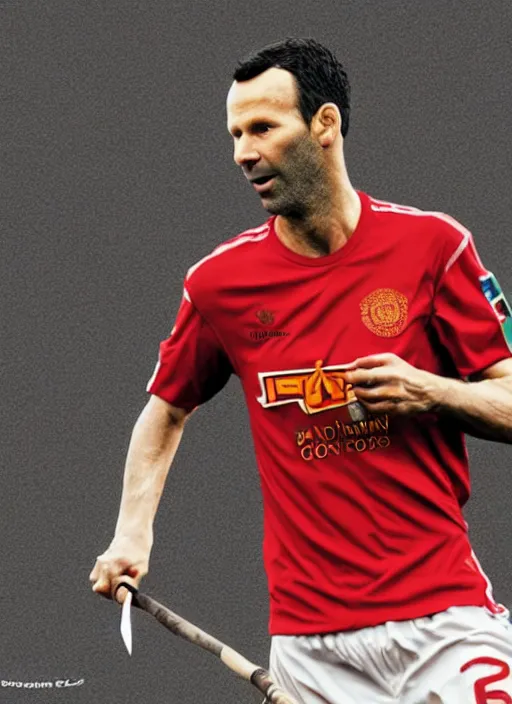 Prompt: close up of Ryan Giggs holding an axe, digital art