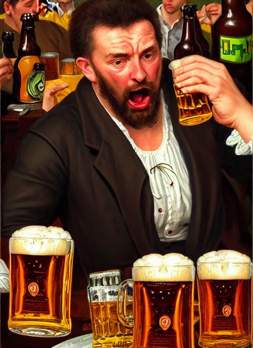 Prompt: large computer table octoberfest invite card, man drinking beer, angry, world series of poker, beer bottles, photoshoot, 4 k, hyper realistic, natural, highly detailed, digital illustration, trending in artstation, classical painting, smooth, sharp focus art by ilya repin