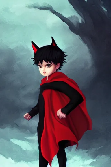 Image similar to little boy with cat ears in an black outfit with red cape. digital artwork made by lois van baarle and kentaro miura and marc simonetti, sharpness focus, inspired by hirohiko araki, anatomically correct, heroic composition, hero pose, smooth