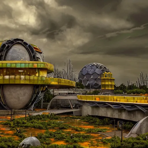 Image similar to post - apocalyptic epcot center, wasteland, submerged, monorail, abandoned, wet, swamp, swamp gas, nuclear fallout, yellow mist, yellow sky, dark clouds, walt disney world, highly detailed, intricate, 8 k