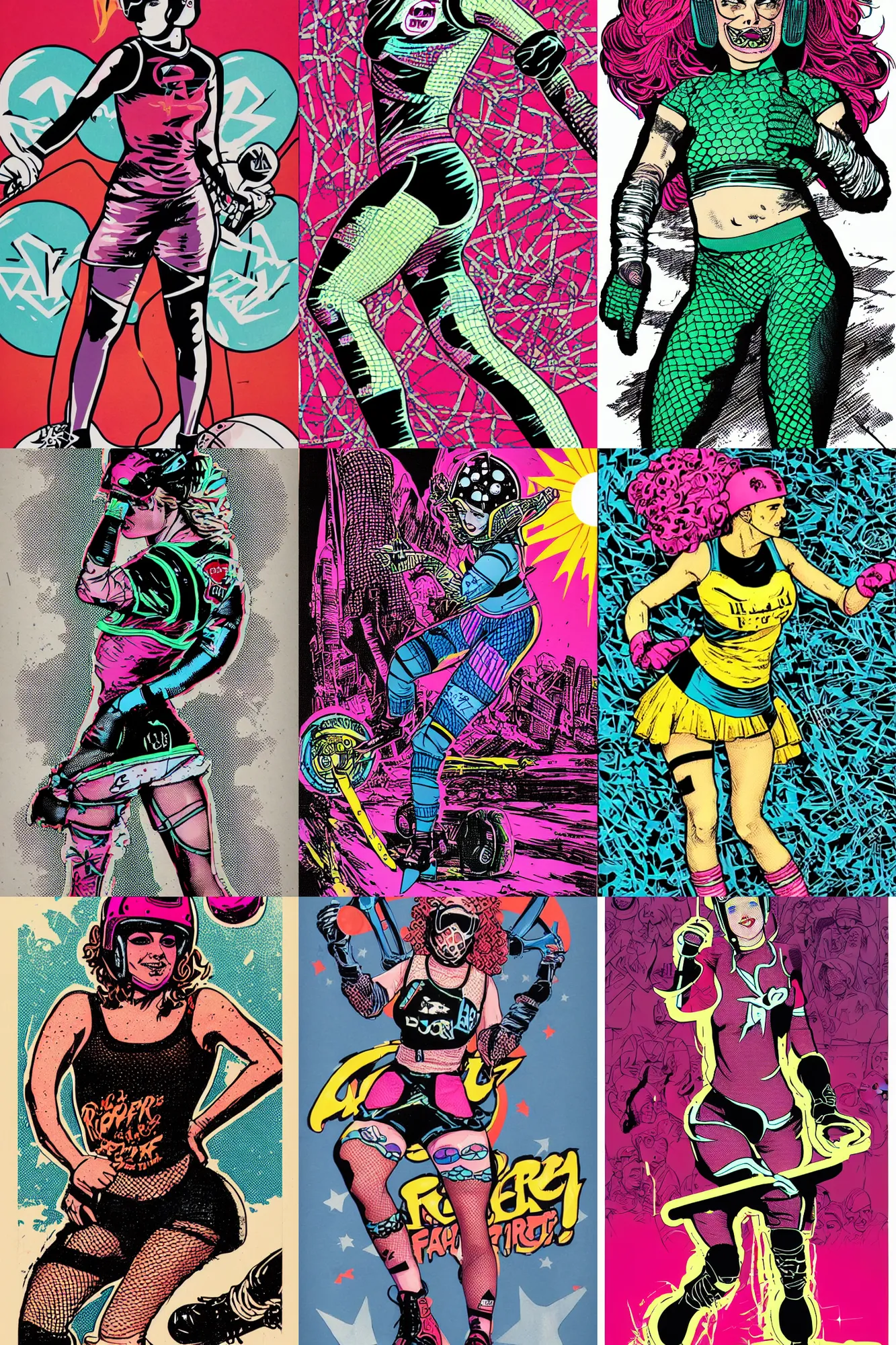 Prompt: roller derby girl, full length portrait, logo, wearing skating helmet, wearing torn fishnet tights, showing victory, Philippe Caza, 2 colour print