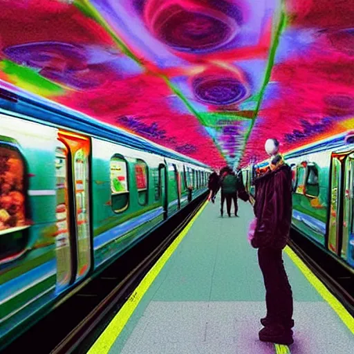 Image similar to subway on the platform, enter the void movie style, extremely realistic, psychedelic