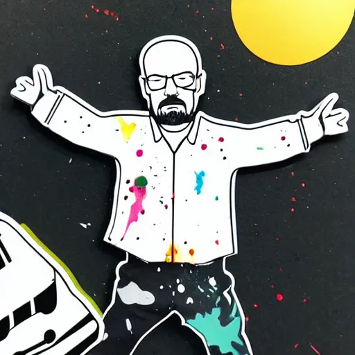 Image similar to die cut sticker, walter white breakdancing, splatter paint