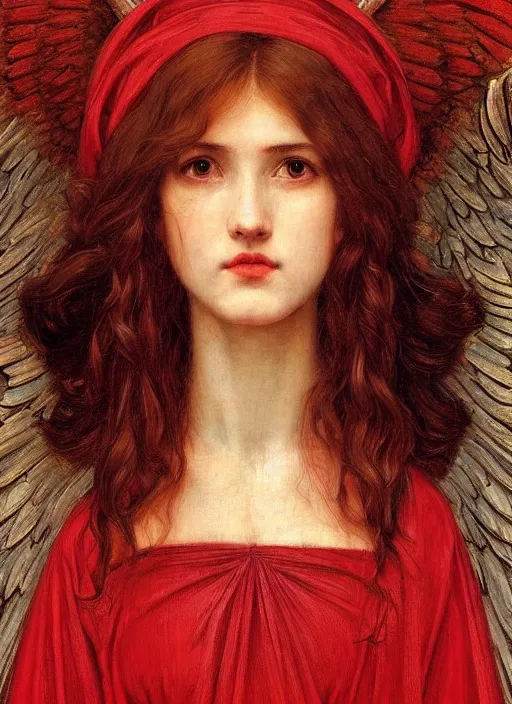 Image similar to portrait of beautiful female archangel in red robes, pre - raphaelite painting by john william waterhouse, trending on art station. highly detailed, symmetrical face.