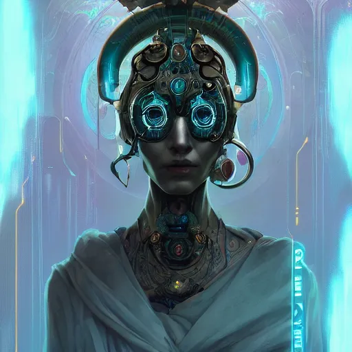 Image similar to portrait of a beautiful cybernetic priestess, cyberpunk concept art by pete mohrbacher and seb mckinnon and beksinski and josan gonzales, digital art, highly detailed, intricate, sci-fi, sharp focus, Trending on Artstation HQ, deviantart, unreal engine 5, 4K UHD image