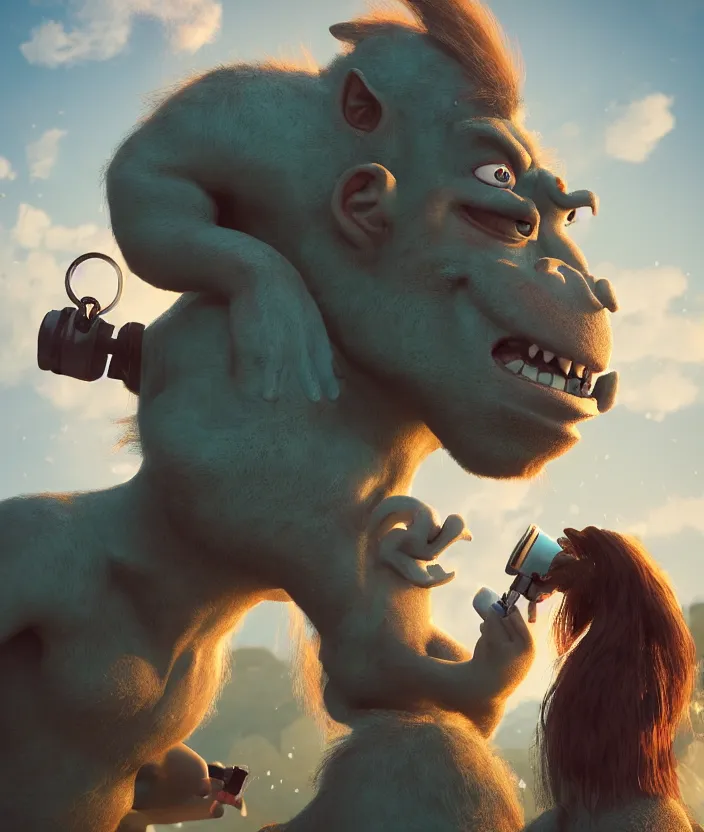 Prompt: a troll, drinking gas from a gas station pump. fuel everywhere. a troll, ogre, gargoyle drinking from a fuel pump. high quality sharp focus, beautiful volumetric light. photograph by tooth wu, wlop, beeple, dan mumfor, octane render, artstation