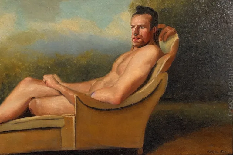 Prompt: a oil painting painting of a caucasian man relaxing on a brown reclined leather chair