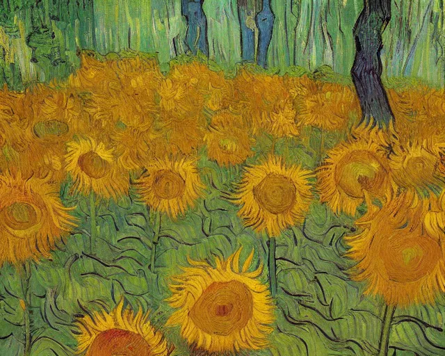 Prompt: forest landscape, oil painting, in the style of sunflowers by vincent van gogh