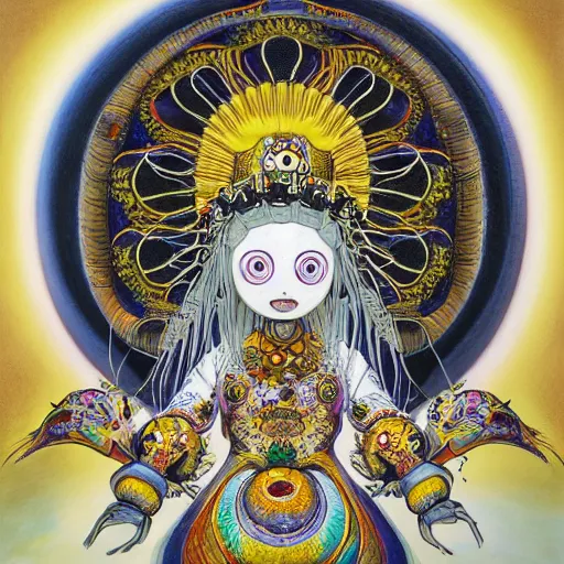 Image similar to the queen of the sun by takashi murakami and h.r. giger, full body, oil on canvas, intricately detailed artwork, full 8k high quality resolution, recently just found unknown masterpiece