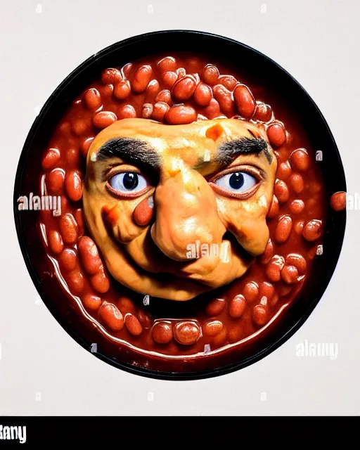 Image similar to portrait of mr bean's face in a bowl full of baked beans, face covered in beans and tomato sauce, beans in his eyes sockets, pile of beans on his head, baked beens instead of eyes, open mouth full of with baked beans, overflowing with baked beans, rowan atkinson, muted colors, surrealist oil painting, highly detailed