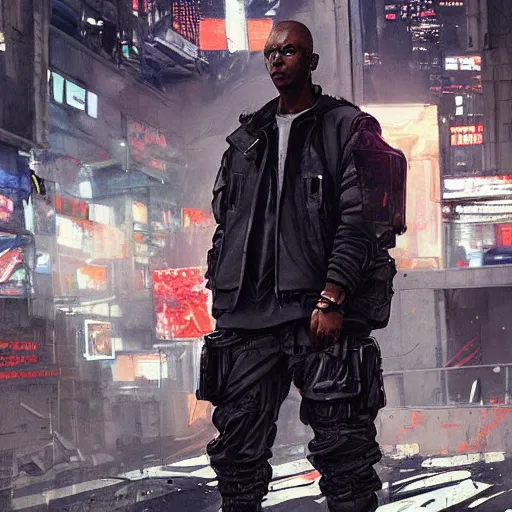 Prompt: A man wearing Acronym J36-S pants and Acronym P30A-DS and black Nike Air Force 1 sneakers, high quality, digital art, dirty cyberpunk city, greg rutkowski