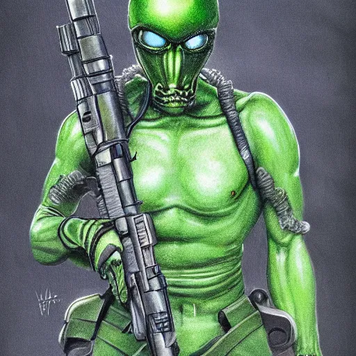 Image similar to hyper - realistic and detailed portrait of green alien soldier with tentacles and weapons