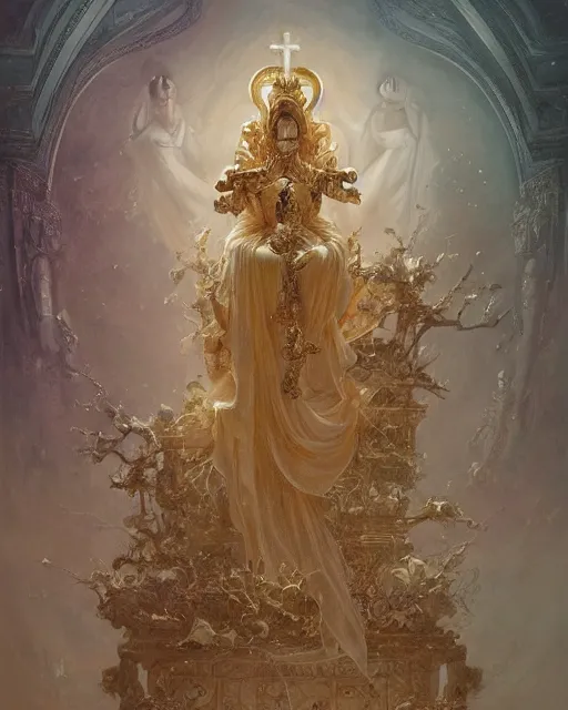 Image similar to 4k cinematic full view ethereal Skeleton wearing intricate religious gilded Madonna crown ivory rococo dress sitting on a throne , by Peter Mohrbacher, by Ruan Jia, by Greg Rutkowski, detailed and realistic, poetic and symbolic, Trending on Artstation