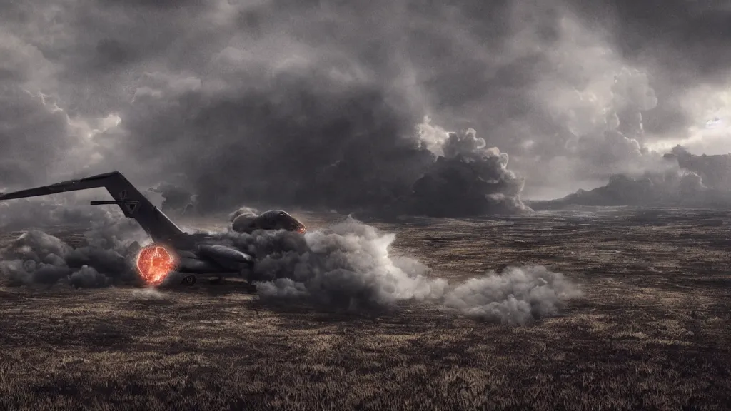 Image similar to an alternate reality c - 5 galaxy crashed and burning in a field, thick black smoke billowing, turbulent storm clouds, dystopian, fog, sharp focus, octane render, imax