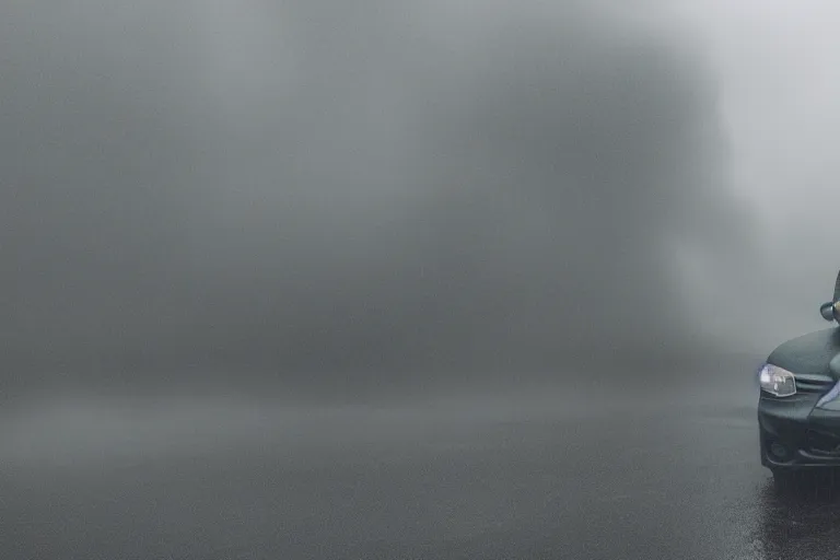 Image similar to Photo of a man sitting on the grey color car roof in the heavy rain at the city that sank , outdoor lighting, dynamic lighting, volumetric, wide angle, anamorphic lens, go pro, 4k