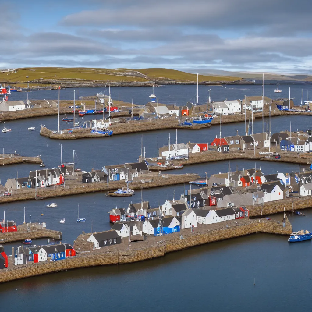 Prompt: a wide angle CCTV photograph of the harbour at Stromness orkne, bokeh