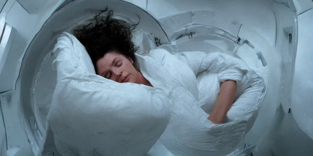 Prompt: a tight shot of Ripley sleeping inside an all-white cryogenic sleeping pod with fogged up glass covers by Ridley Scott, Alien movie, grainy, bluish and cream tones