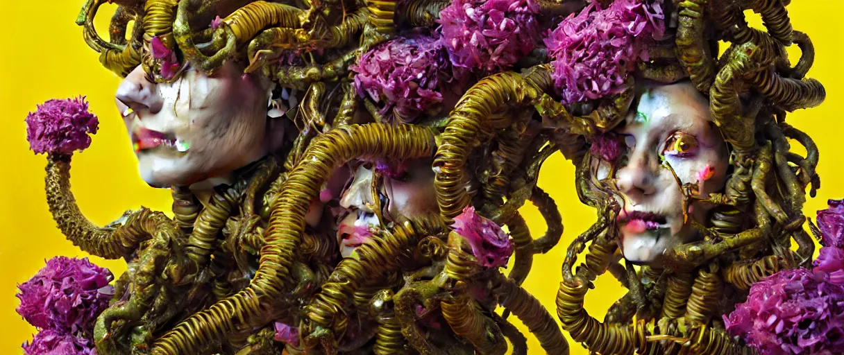 Prompt: hyperrealistic hyper detailed neo-surreal 35mm portrait of rococo cyborg medusa with multiple heads covered in flowers matte painting concept art hannah yata dali very dramatic yellow lighting low angle hd 8k sharp shallow depth of field