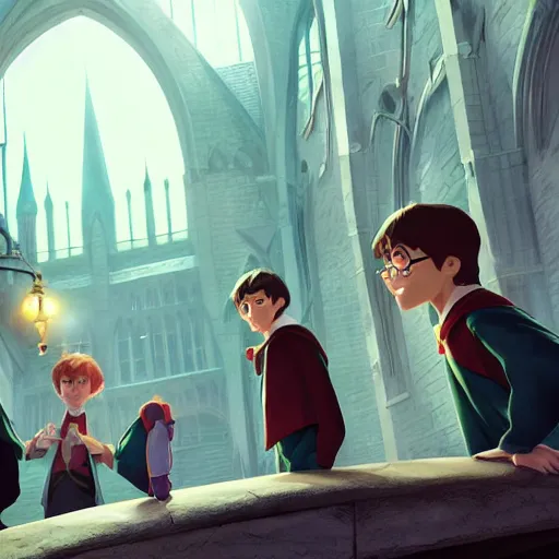 Image similar to a wholesome animation key shot of harry potter students, medium shot, studio pixar and disney animation, sharp, very detailed, high resolution, rendered in unreal engine 5, anime key art by greg rutkowski, bloom, dramatic lighting