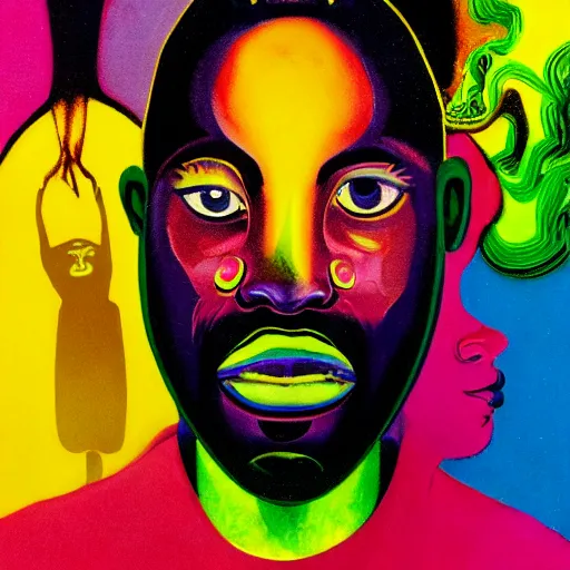 Image similar to a black man with yellow eyes and a dark rainbow background, gouache painting by francis bacon and tomokazu matsuyama, by ed paschke, by agnes pelton, by patrick nagel, behance contest winner, generative art, irridescent, holography, neon, dark art, retrowave, grain, black background