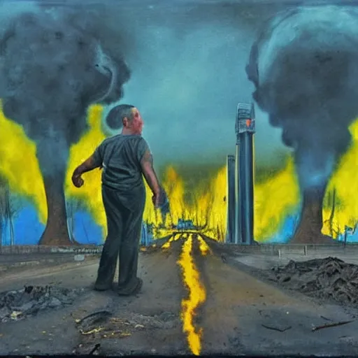 Image similar to armageddon they will be dead and we go to paradise, funny and frightened ukrainian burned to bones in dirty yellow and blue rags on the background of a huge nuclear explosion hyperrealism, selfie