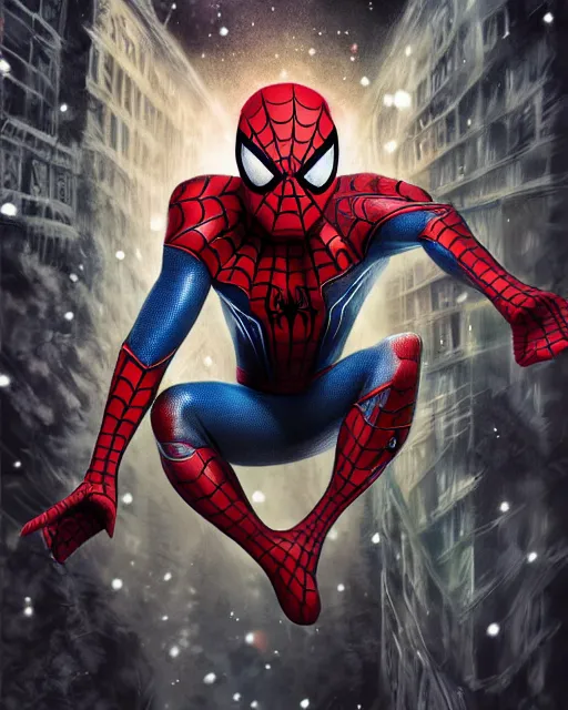 Image similar to spiderman in a christmas style spider suit, 8 k photo, portrait, dynamic lighting, fantasy concept art, trending on art station, stunning visuals, creative, cinematic, ultra detailed, comic strip style