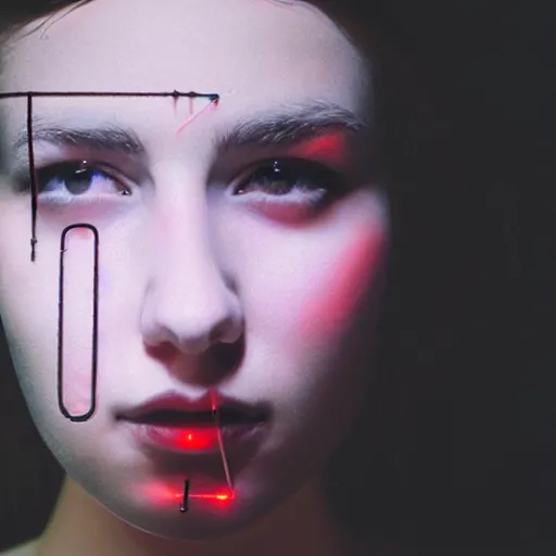 Image similar to photo of young woman, close up, with a cyberpunk camera over right eye with led lights, robotic implants over face, small led lights, white background, fine art photography in the style of Bill Henson