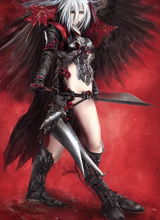 Image similar to female vampire knight, flying, barefoot, black plate armor, realistic armor, monstrous mask, giant two - handed sword dripping blood, red wings, grinning, barefeet, detailed, reasonable fantasy.