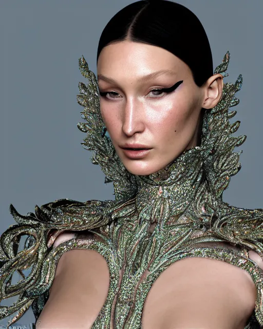 Prompt: a highly detailed metahuman 8 k close up render portrait of an alien goddess bella hadid as nymph in iris van herpen dress schiaparelli in diamonds crystals swarovski and jewelry iridescent in style of alphonse mucha gustav klimt trending on artstation made in unreal engine 4