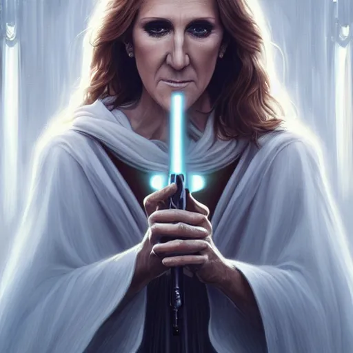 Image similar to perfectly - centered - portrait of celine dion wearing white cloak holding light saber, intricate, highly detailed, digital painting, artstation, concept art, smooth, sharp focus, illustration, unreal engine 5, 8 k, art by artgerm and greg rutkowski and alphonse mucha