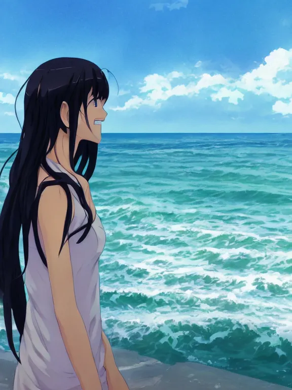 Image similar to Portrait of a happy anime woman on the beach near the ocean, by makoto shinkai