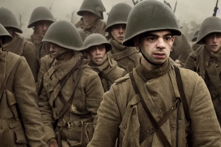 Image similar to jay baruchel as world war 1 soldier in the trenches, bullets whizzing past, cinematic lighting, high contrast, 4 k hdr imax cinematography by roger deakins, award winning shot, beautiful composition, principal photography, vfx action shot